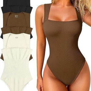 Ribbed Square Neck Bodysuit in beige
